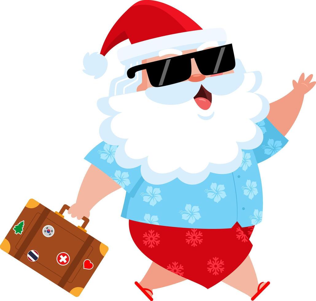 Summer Santa Claus Cartoon Character Runs With Suitcase To Vacation vector