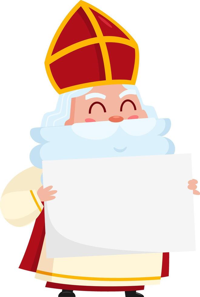 Cute Saint Nicholas or Sinterklaas Cartoon Character Holding A Blank Sign vector