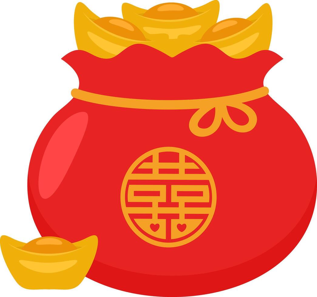 Cartoon Chinese New Year Lucky Red Bag Gold With Ingots vector