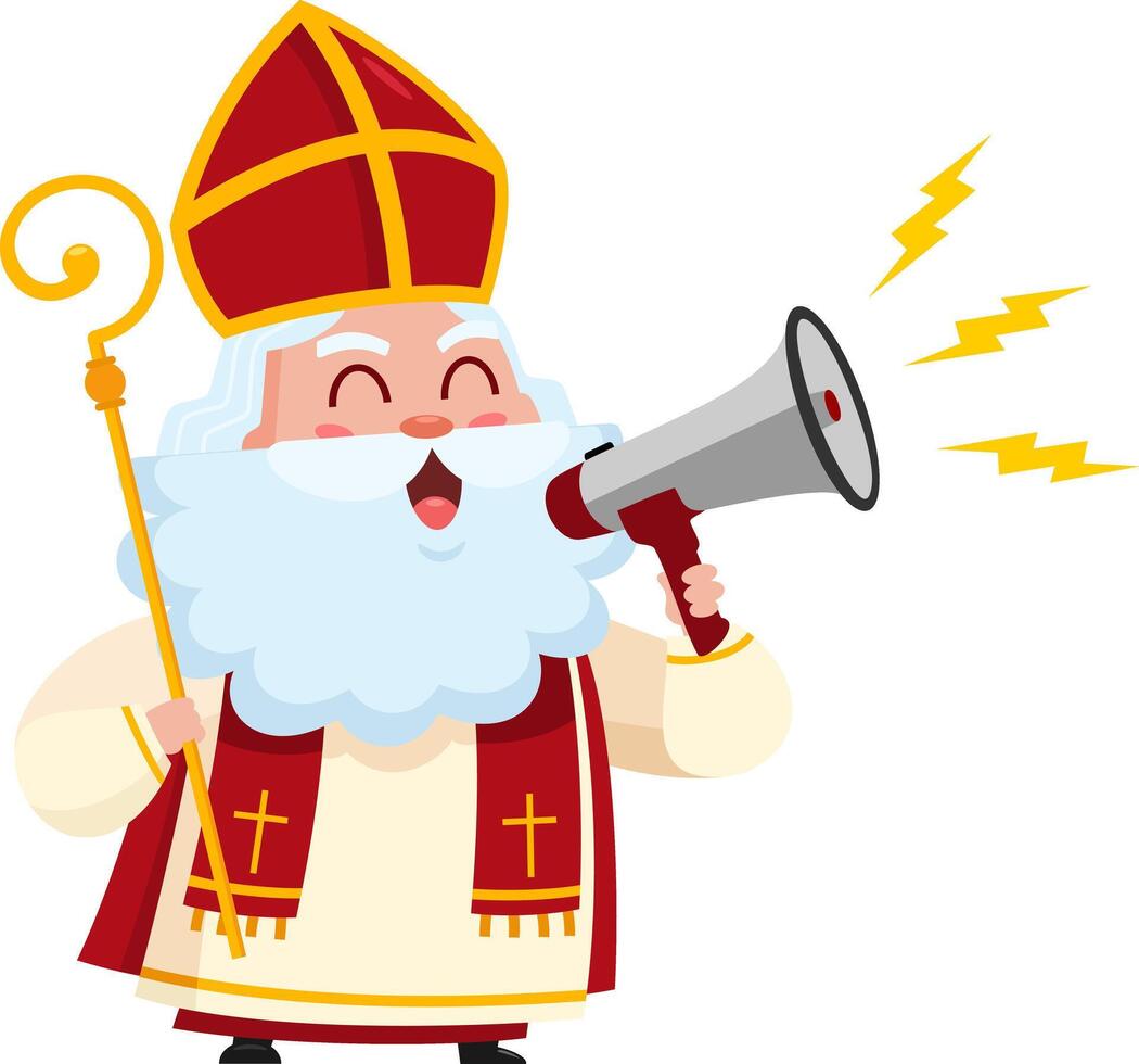 Cute Saint Nicholas or Sinterklaas Cartoon Character Speaking Through A Megaphone vector
