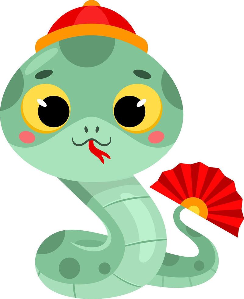 Cute Chinese New Year Snake Cartoon Character Holding A Fan vector