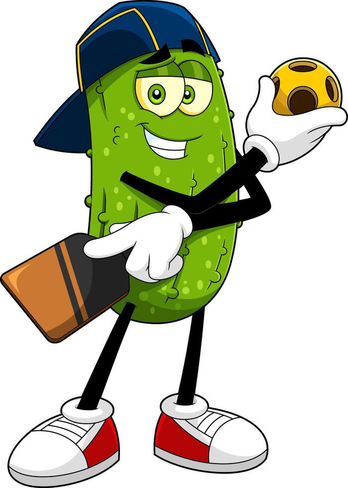 Funny Pickle Cartoon Character With Pickleball Ball And Paddle Racket vector