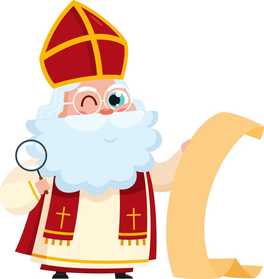 Cute Saint Nicholas or Sinterklaas Cartoon Character Reading A Paper Scroll With Christmas Wishes. vector