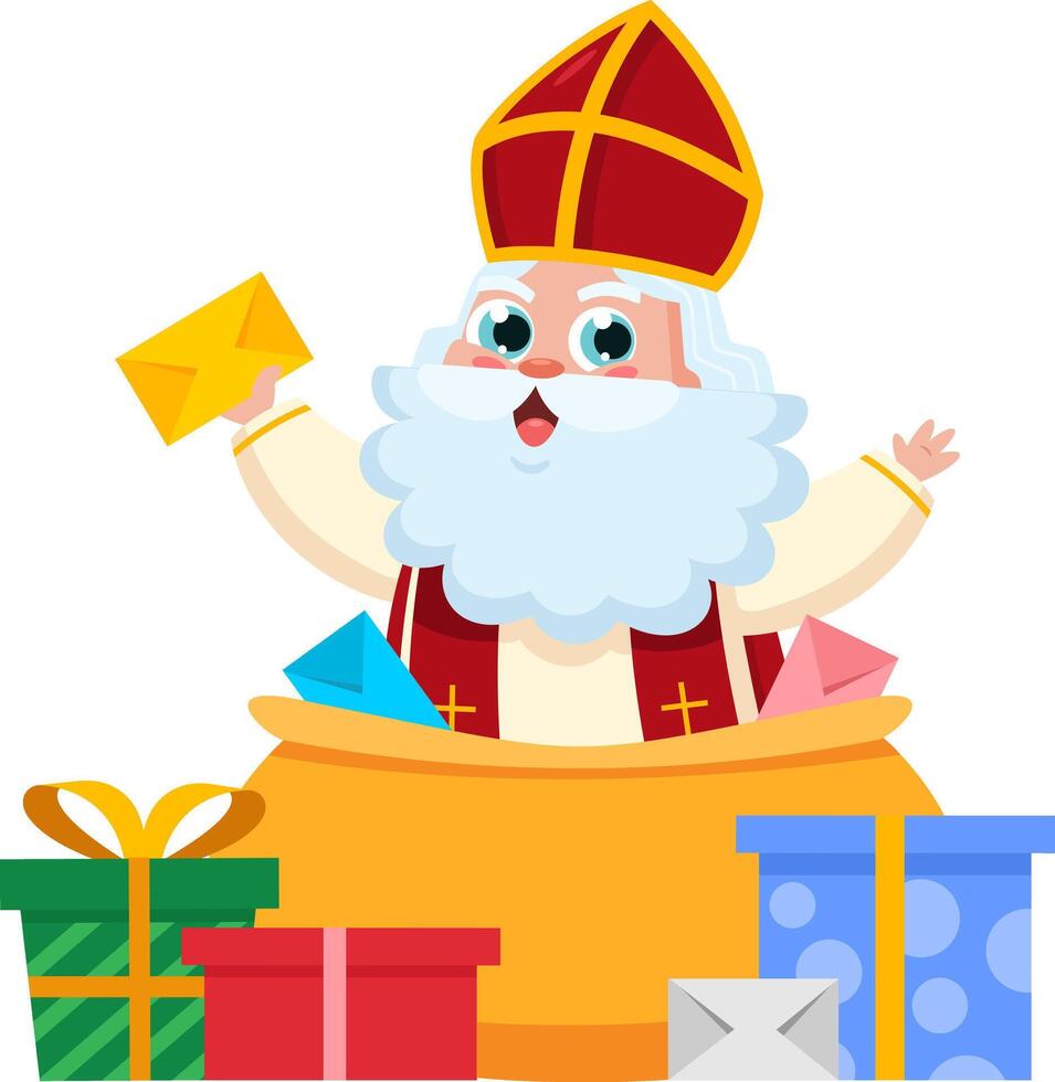 Cute Saint Nicholas or Sinterklaas Cartoon Character With A Letter In A Sack Full Of Gifts vector
