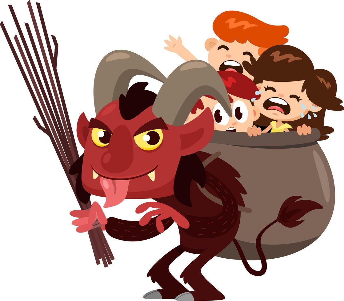 Krampus Or Christmas Devil Wearing Basket Backpack Full With Kids Cartoon Characters vector