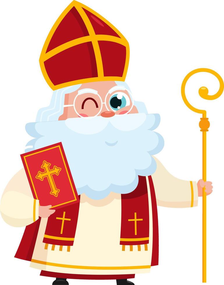 Cute Saint Nicholas or Sinterklaas Cartoon Character With Bible And Scepter vector