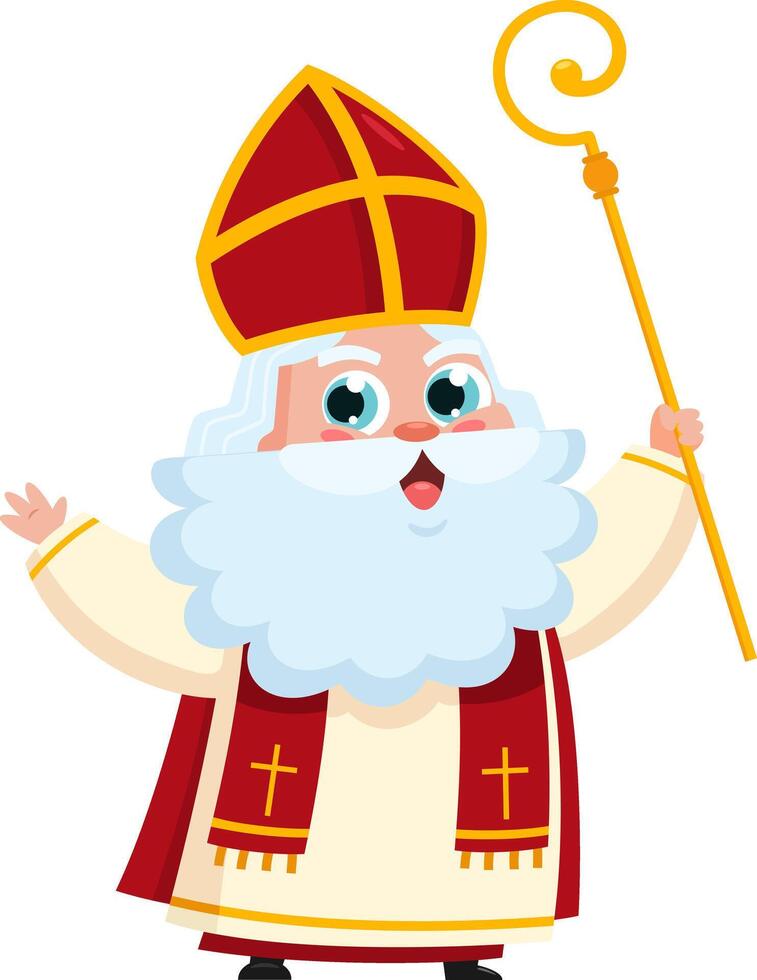 Cute Saint Nicholas or Sinterklaas Cartoon Character Holding A Scepter And Waving For Greeting vector