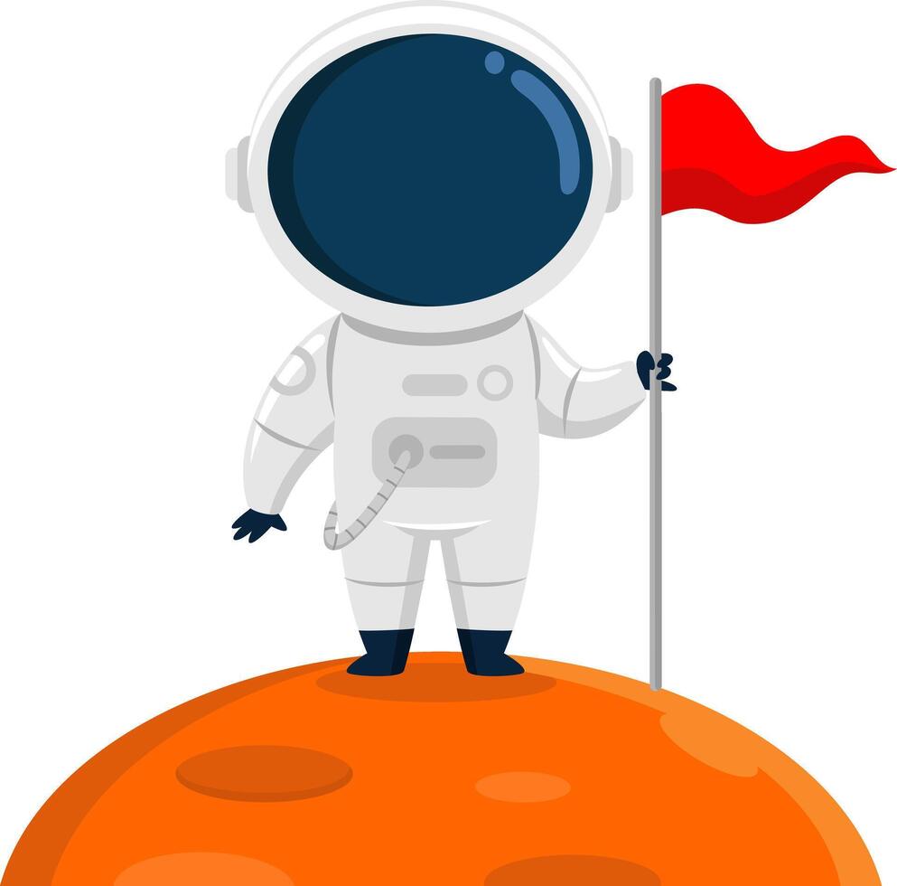 Cute Astronaut Cartoon Character Standing On A Planet And Holding Flag vector