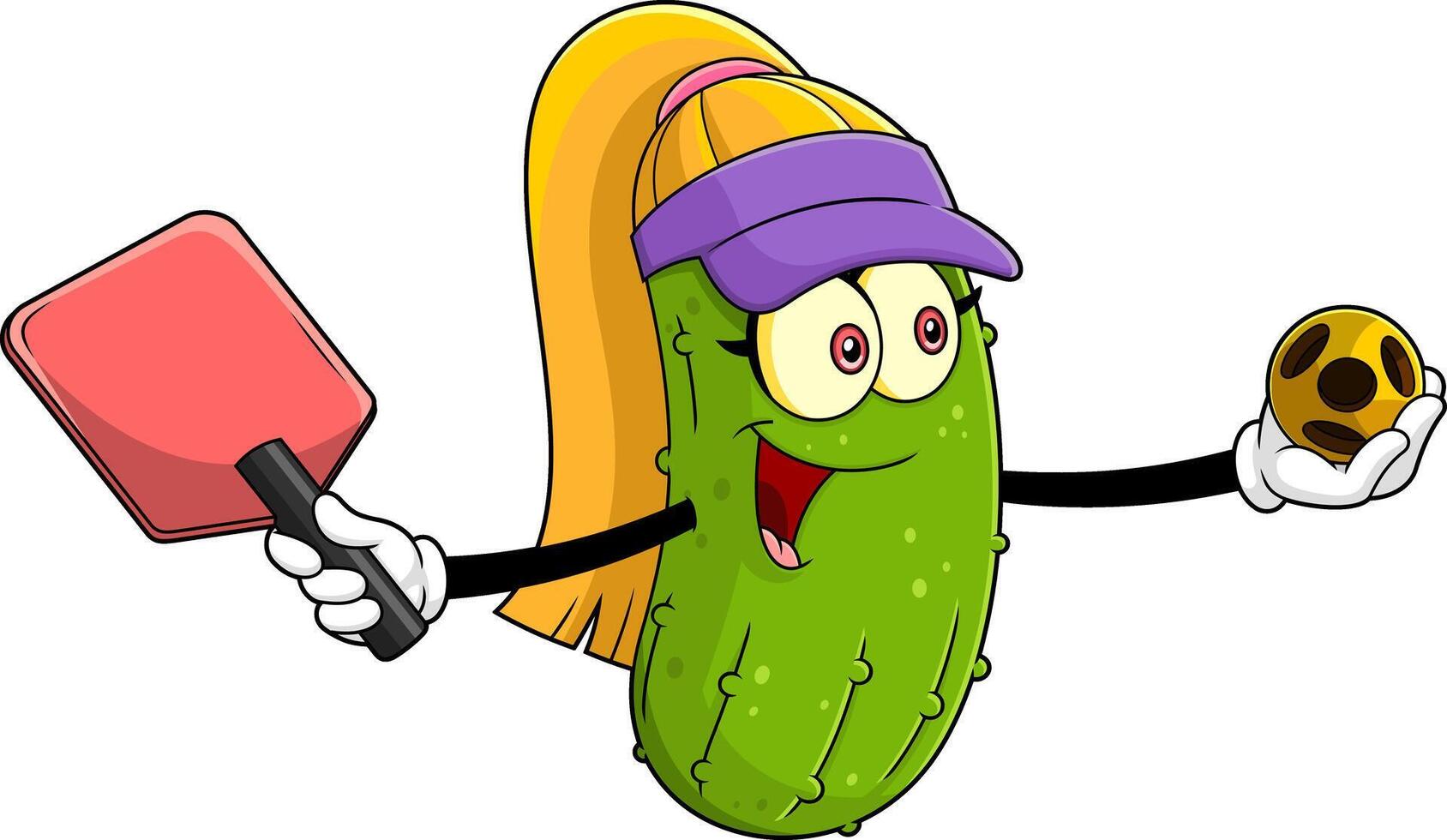 Happy Pickle Girl Cartoon Character Playing Pickleball vector