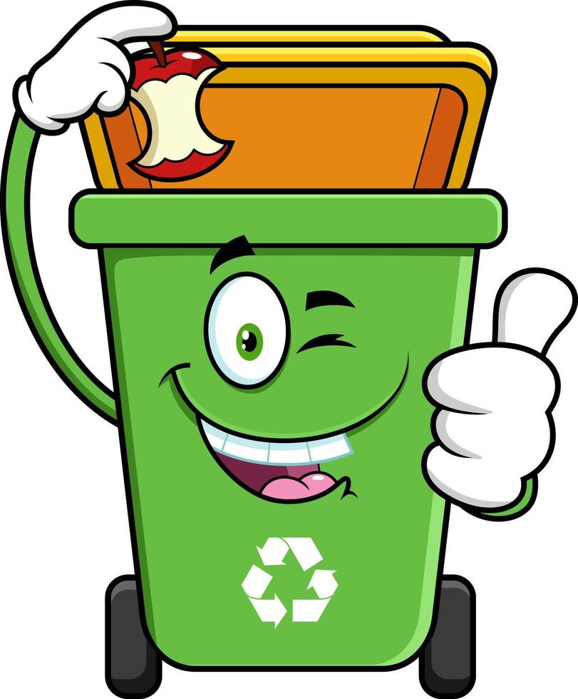 Green Recycle Trash Bin Cartoon Character Throws Apple Stump And Giving The Thumbs Up vector