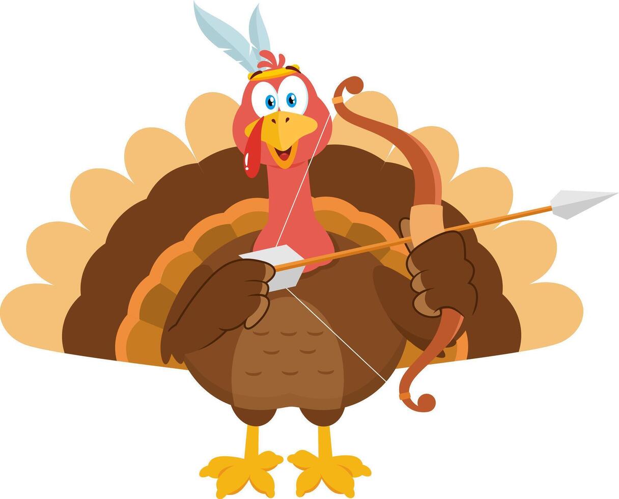 Funny Thanksgiving Turkey Bird Cartoon Character With Bow And Arrow vector