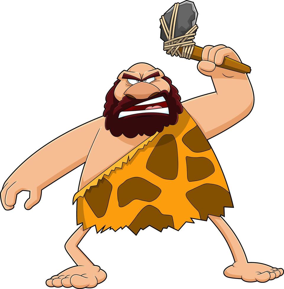 Angry Caveman Cartoon Character Holding A Stone Axe vector