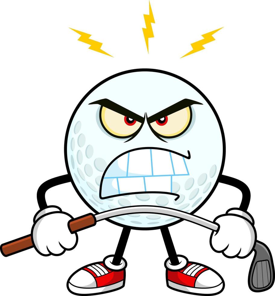 Angry Golf Ball Cartoon Character Bending Golf Club vector