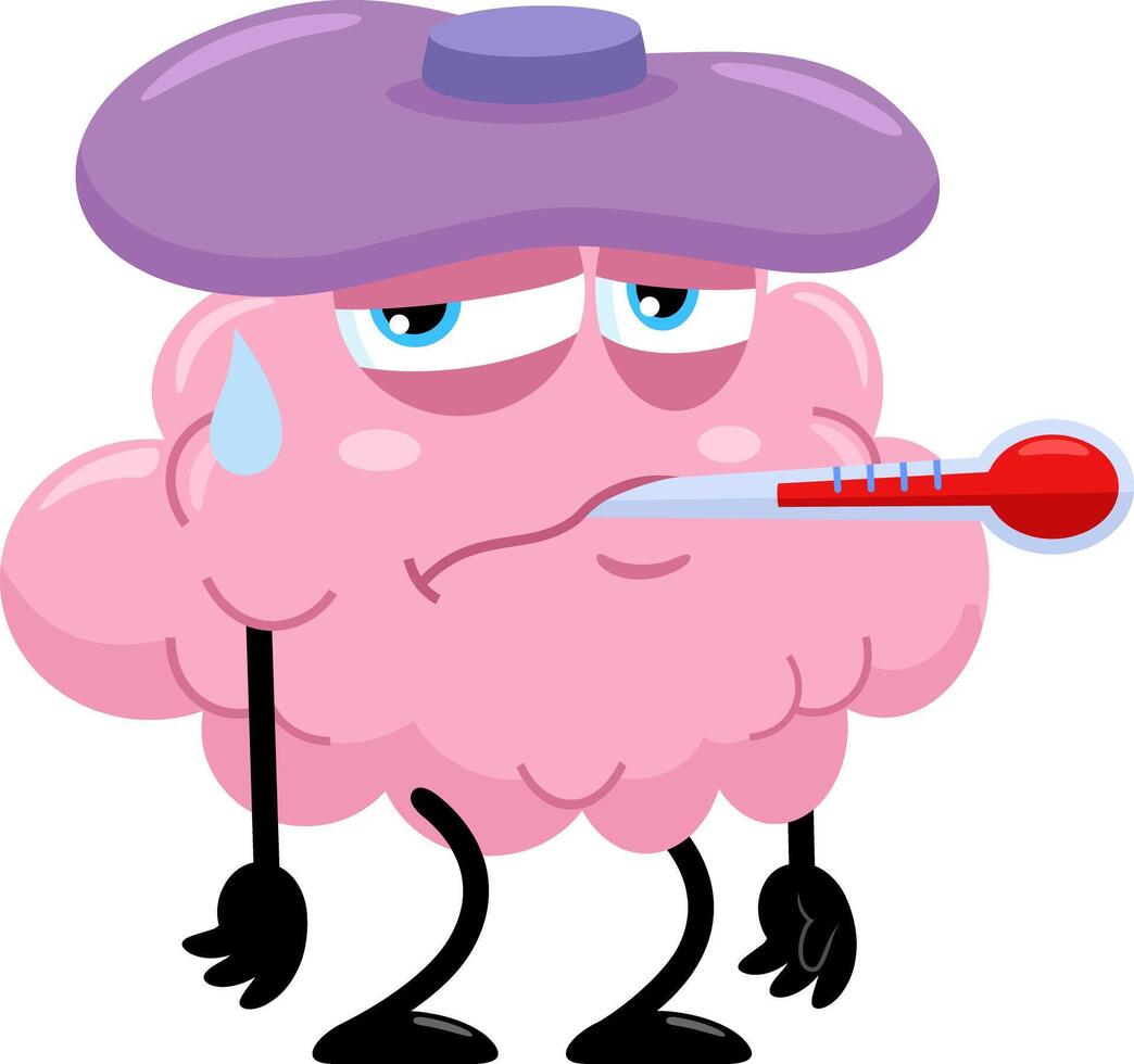 Sick Brain Cartoon Character With Thermometer vector