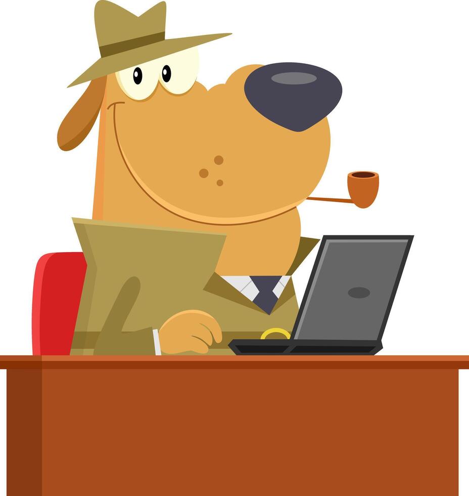 Detective Dog Cartoon Character Sitting On The Deck With A Laptop vector