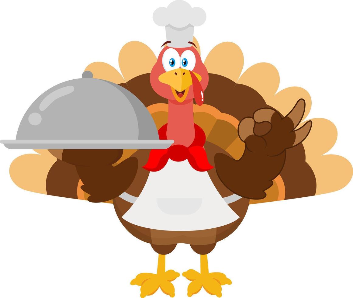 Cute Turkey Chef Cartoon Character Serving Food In A Sliver Platter vector