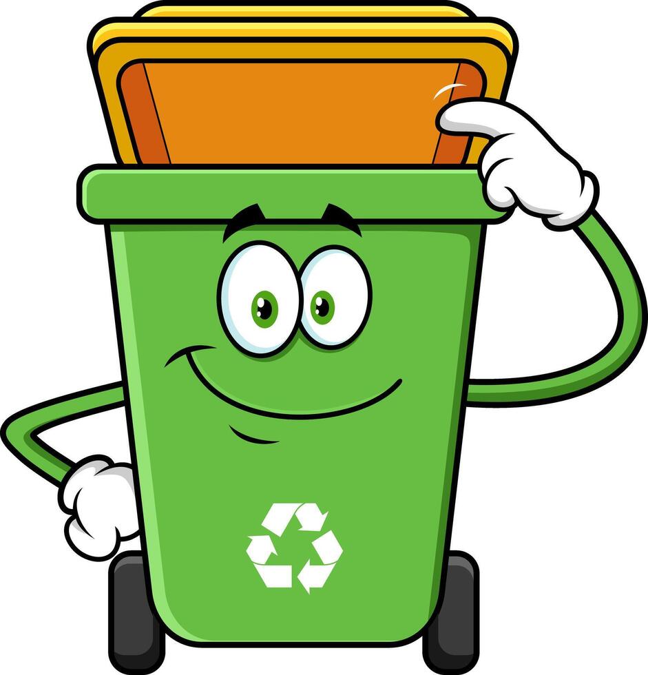 Green Recycle Trash Bin Cartoon Character Pointing To A Open Lid vector