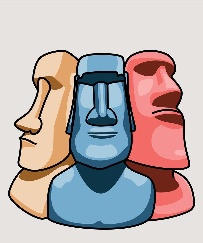 Three isolated, colorful, cartoon easter island moai statues. vector
