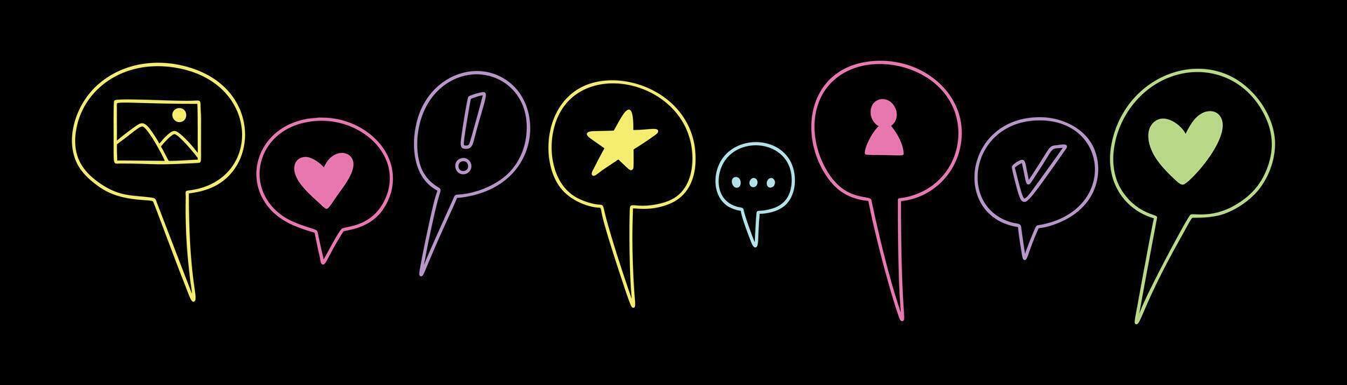 Colorful cute line doodle kid dialog bubbles. School childish text speech box. Social media reaction, like, follow symbols. Neon acid hand drawn elements. Crayon scribble vector