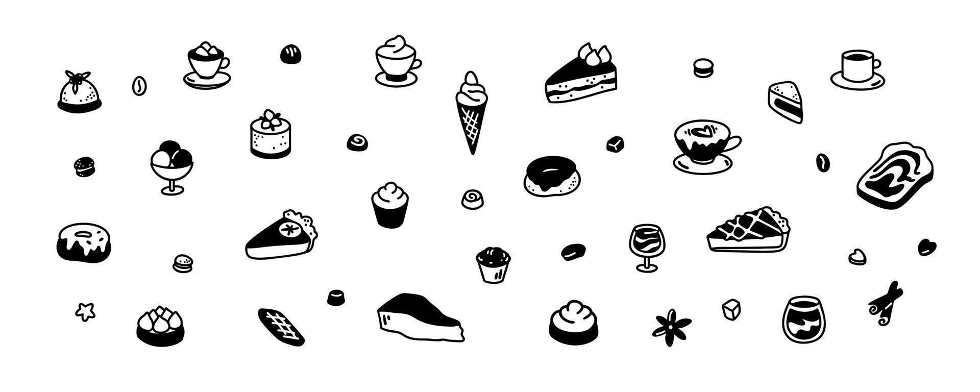Cute line doodle dessert set. Cakes, apple and lemon pie, croissant, tiramisu, cookies, tartlets in sketch style. Bakery, cafe, coffeeshop, confectionery and patisserie design elements. vector