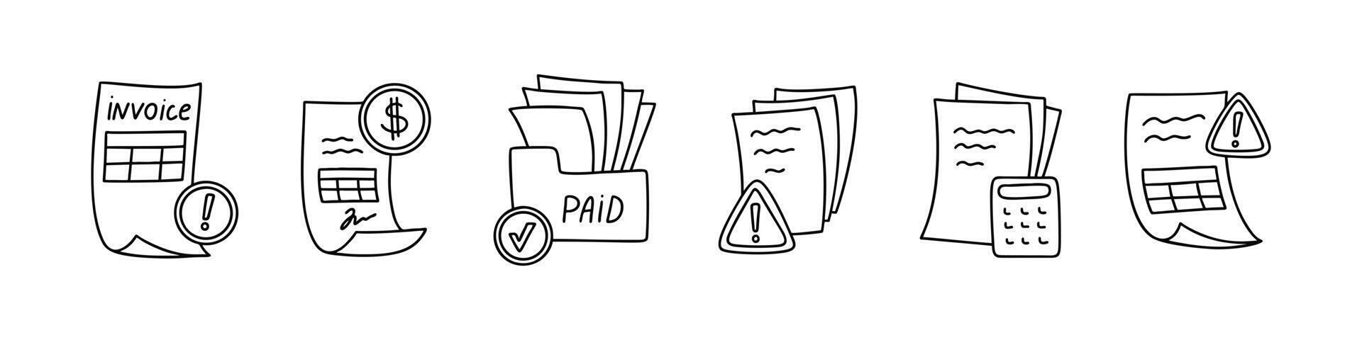 Line doodle over due payment icon set. Late pay invoice, expired deadline, failed money transfer notification, error sign, delivery delay, unpaid bill, warning mail document sketch illustration vector