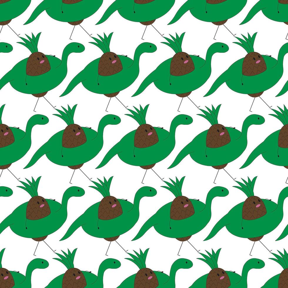Funny pineapple character with a dinosaur swimming ring. Simple seamless pattern. illustration. vector