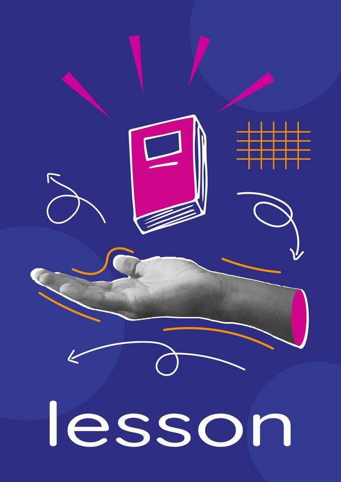 Trendy Poster Collage with Hand, bright Book, School Icons, Modern font. Modern Banner design of website, programming, online lessons, idea. Illustration Concept with simple elements, icons. vector