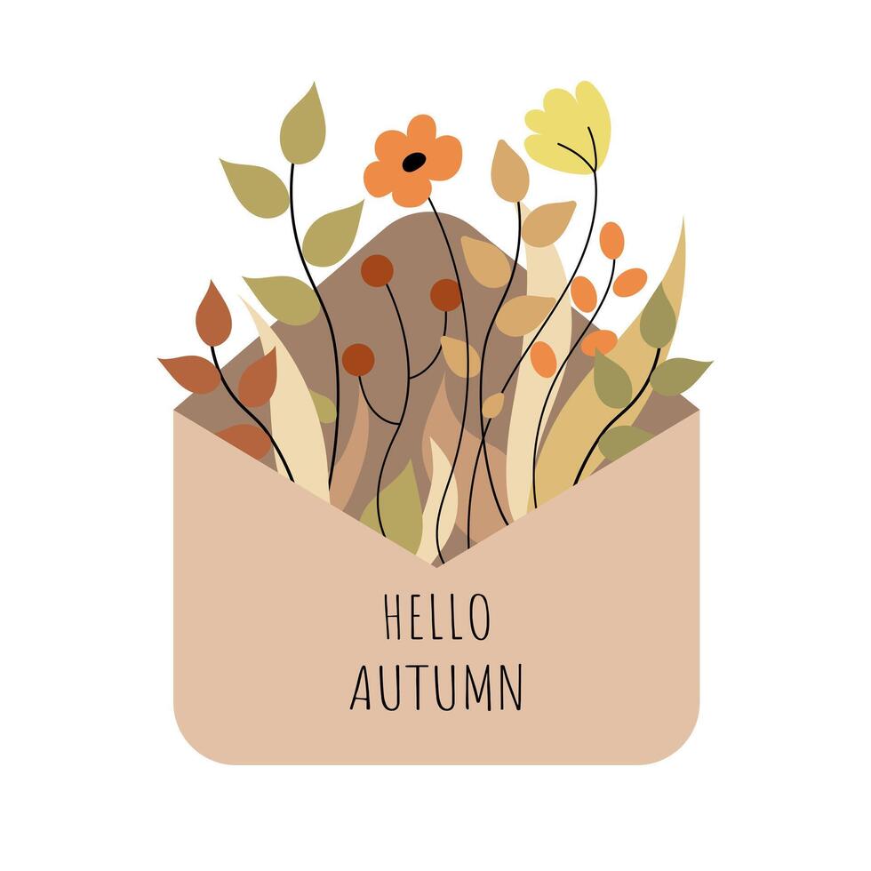 Hello autumn. Envelope with leaves and flowers. Flat illustration. vector