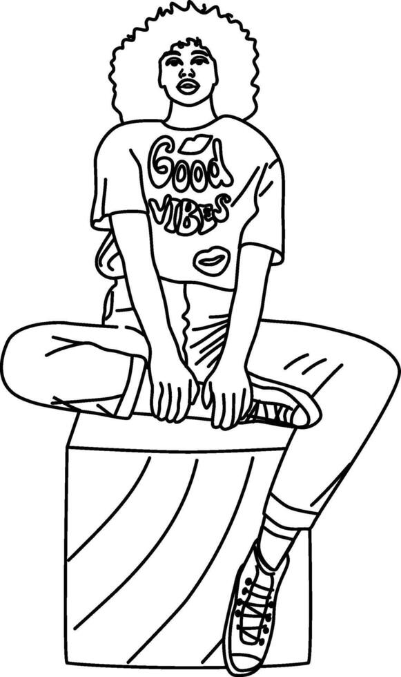 Cool African woman in stylish retro outfit. Linear illustration of beautiful young female. Good vibes concept. vector