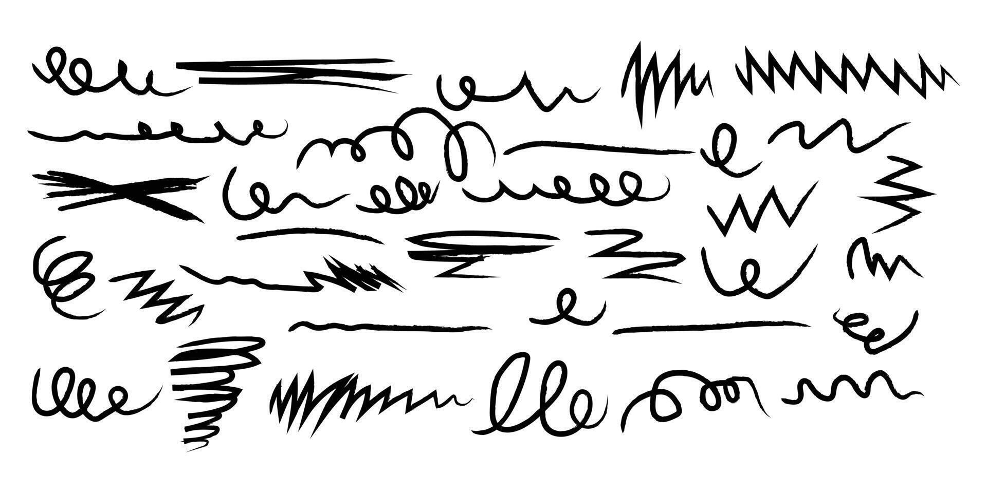 charcoal pencil curly lines set, squiggles. scribble grunge strokes , Childish style crayon strokes, squiggles, underlines, confetti spirals. Hand drawn crayon curved lines stock . vector