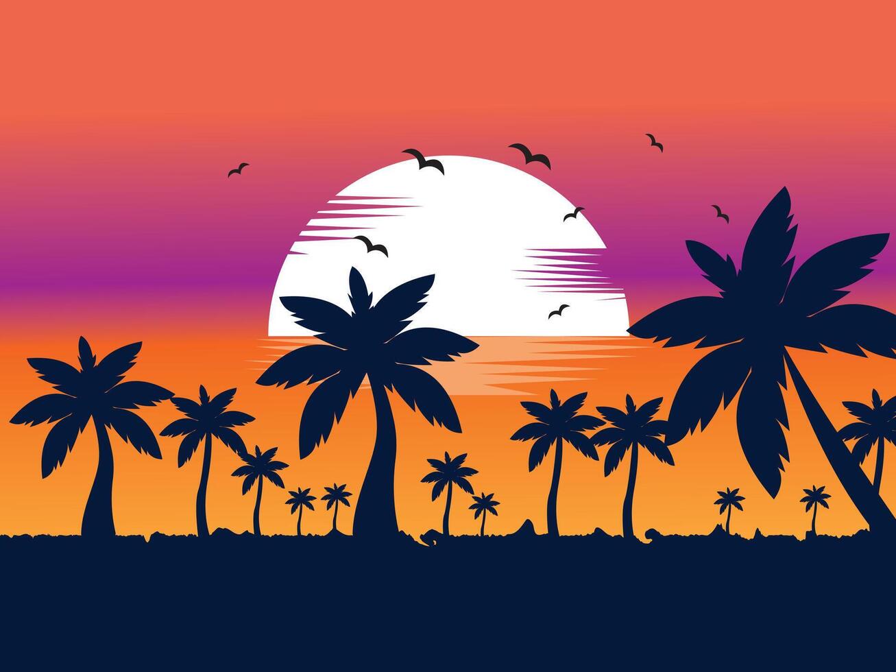 Evening on the beach with palm trees, Colorful picture for rest. Blue palm trees at sunset. Orange sunset in the blue and purple sky. illustration vector