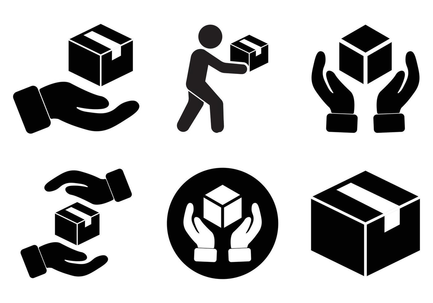 Package label icons handle with care, hand, delivery, cardboard box, Delivery and shipping label. fragile, parcel, careful, warning, pick up, stamp, sticker, illustration eps 10. vector