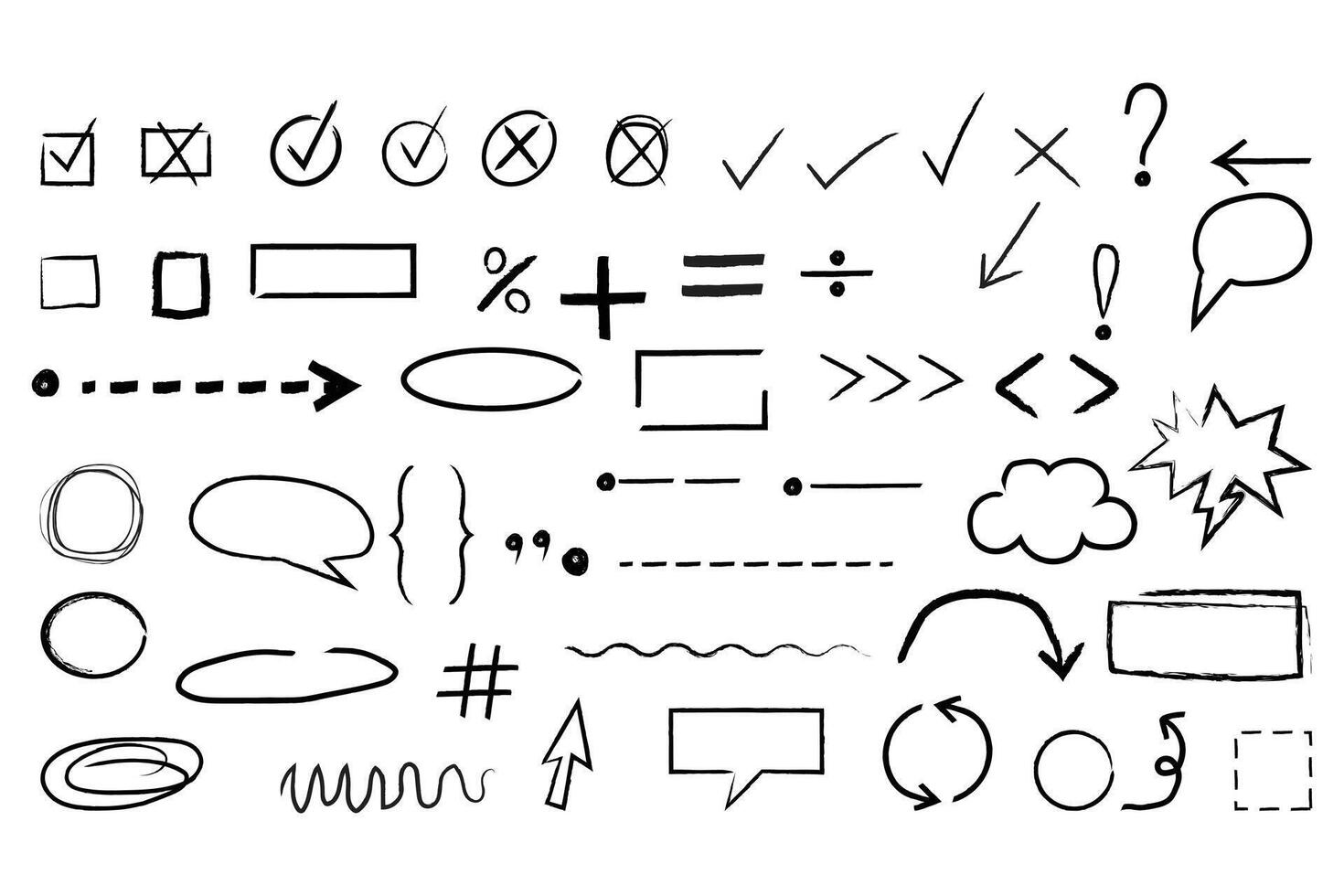 chalked arrows and frames set, Hand drawn black charcoal symbols, curved arrows, swirls, crosses, circles and check, Group of chalked arrows and frames. doodle marker drawing. vector