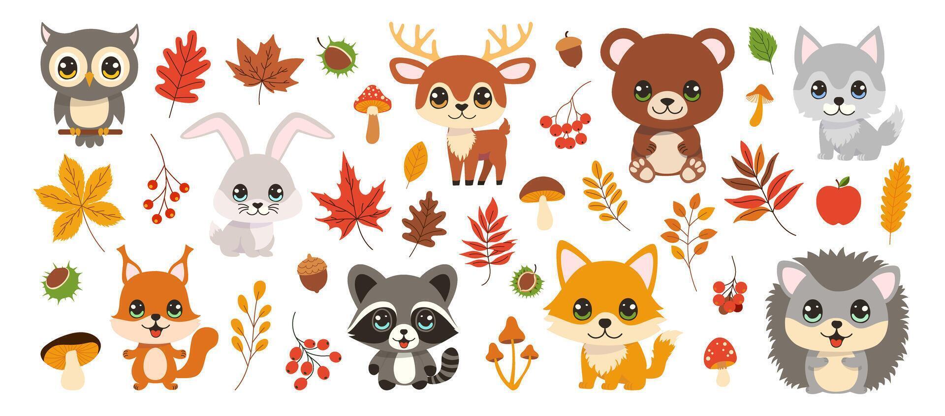 A group of cartoon animals, including a rabbit, deer, bear, and squirrel, are surrounded by autumn leaves vector