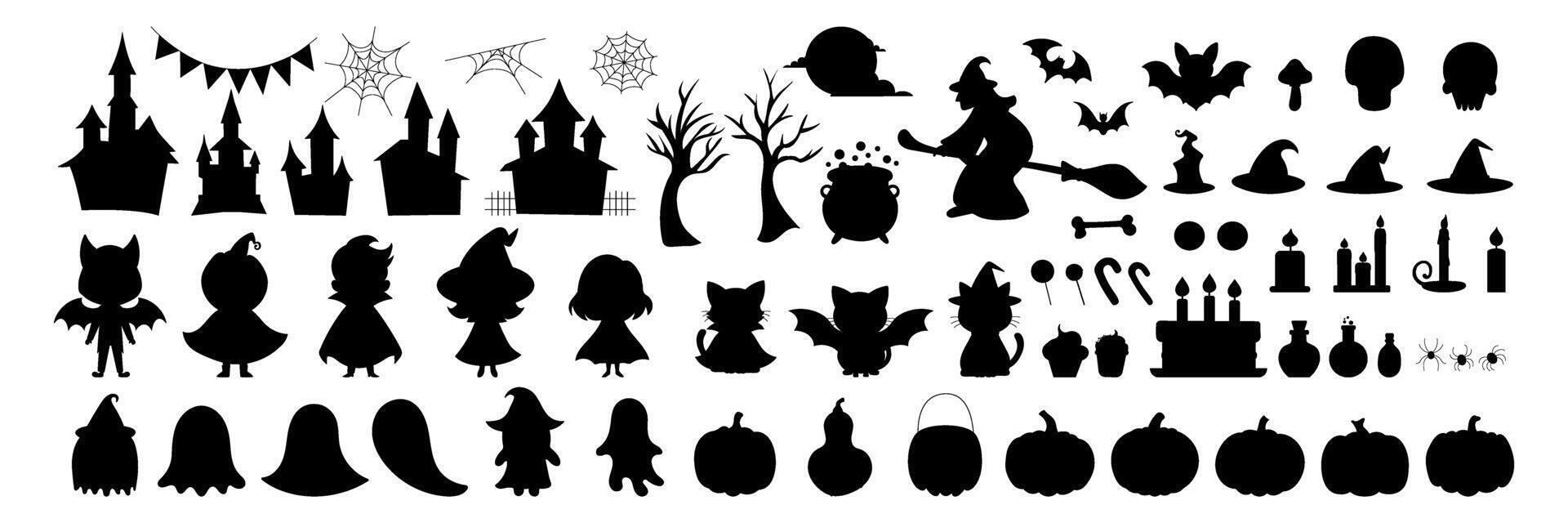 A collection of Halloween-themed silhouettes, including witches, pumpkins, and other spooky figures vector