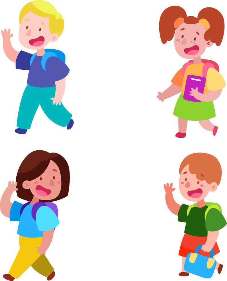 Primary school students communicate and smile as they go. Children with school backpacks greet and greet each other with gestures Boys and girls. illustration vector