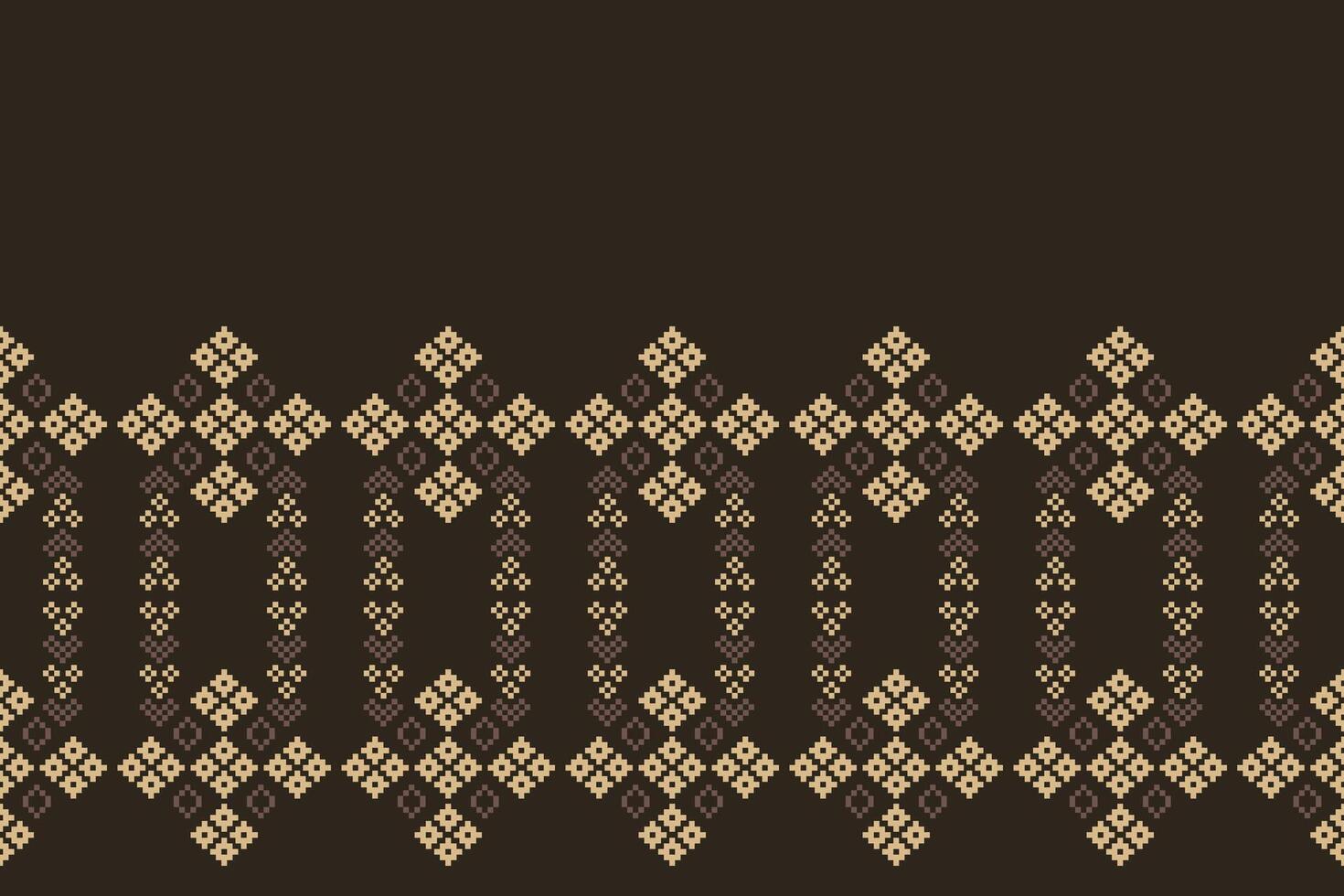 Traditional ethnic motifs ikat geometric fabric pattern cross stitch.Ikat embroidery Ethnic oriental Pixel brown background.Abstract,illustration. Texture,decoration,wallpaper. vector