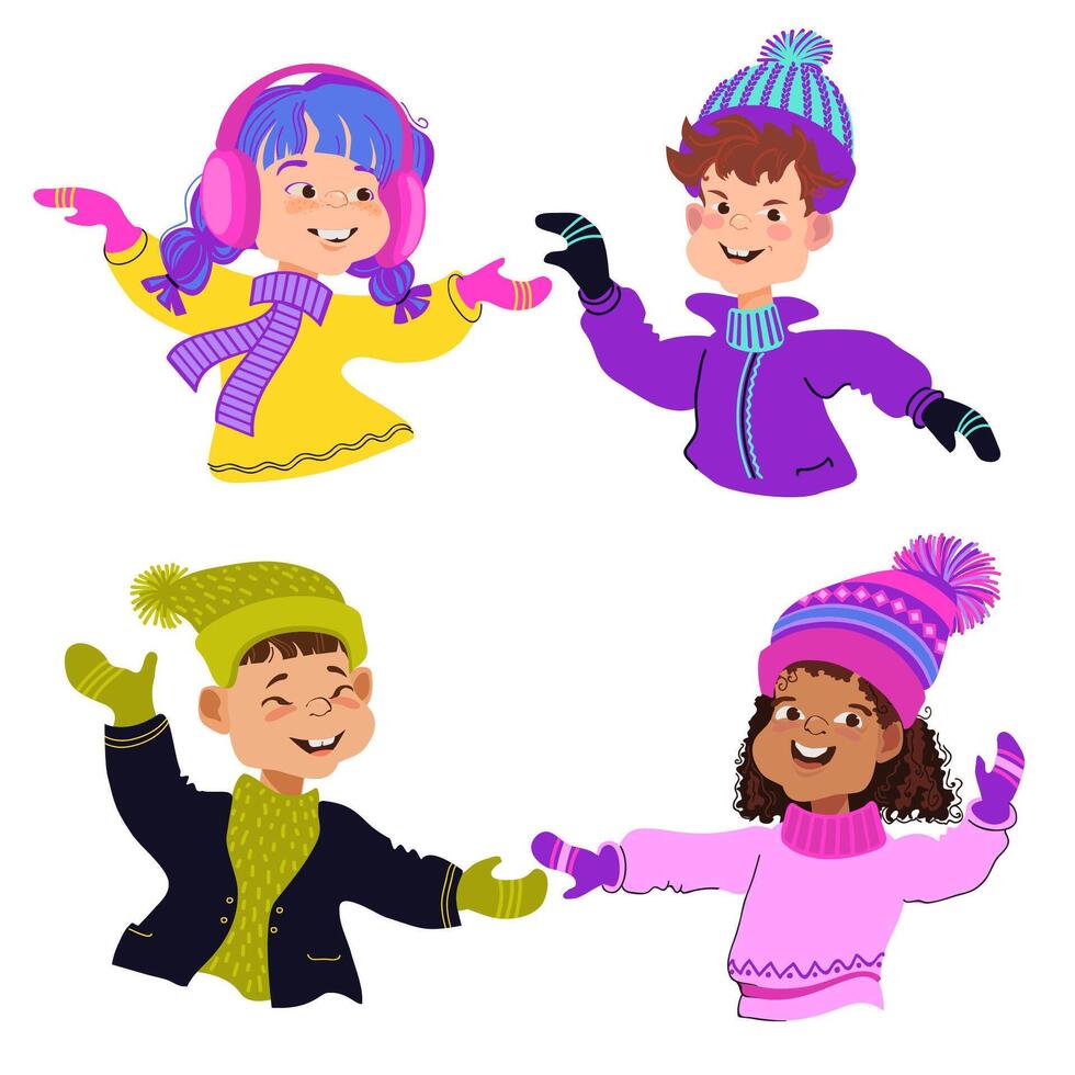 Set of happy children in bright winter clothes. illustration. vector