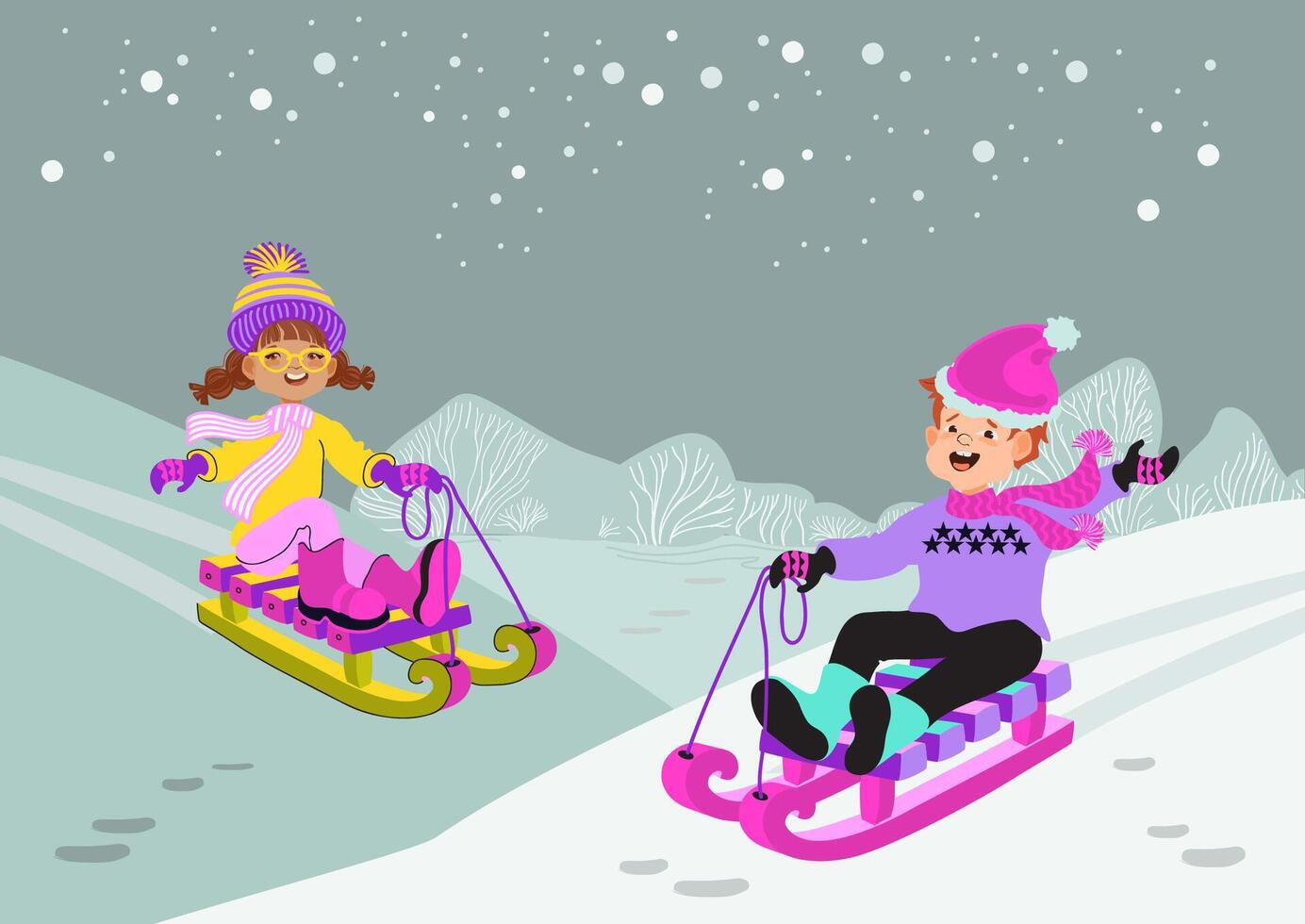 Happy children are sledding. Winter outdoor activity. Flat illustration. vector
