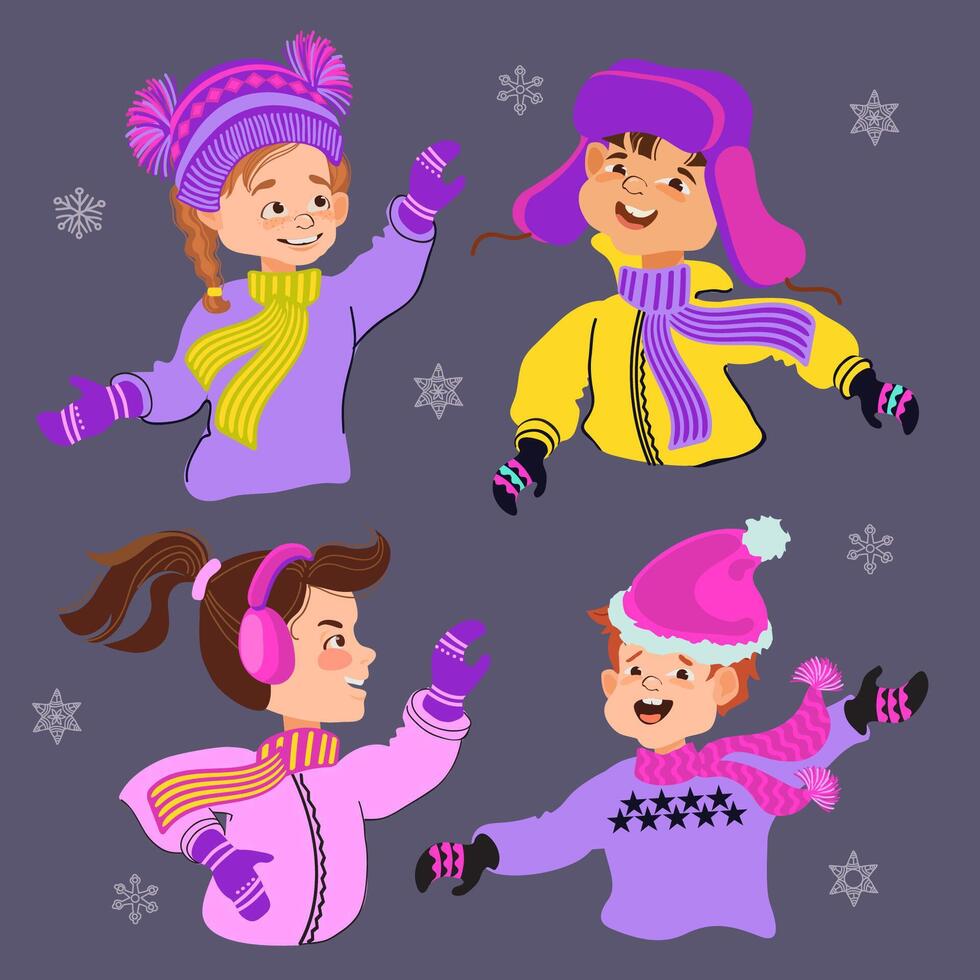 Set of happy children in bright winter clothes. illustration. vector