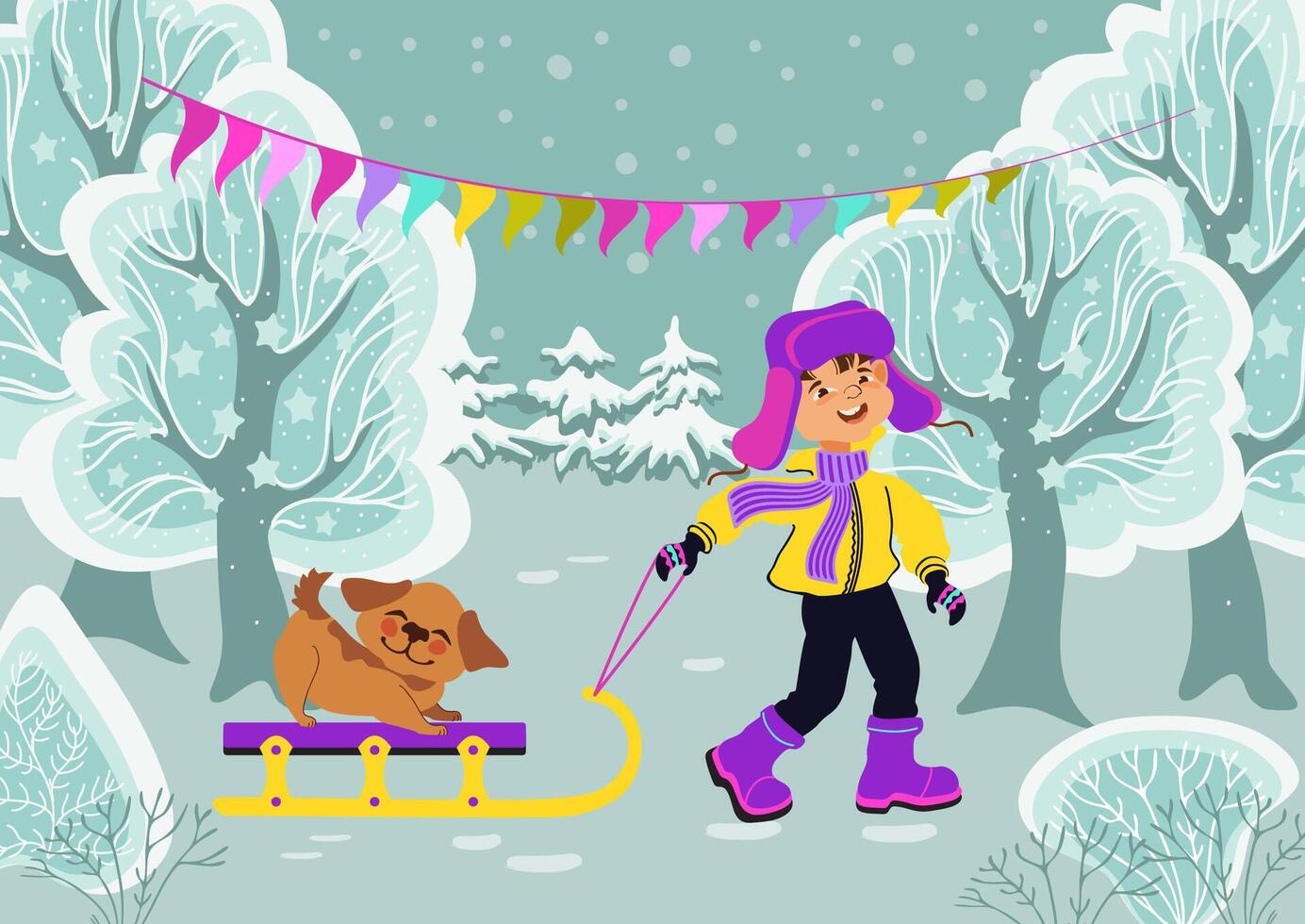 A happy boy pulls a cute puppy on a sled. vector