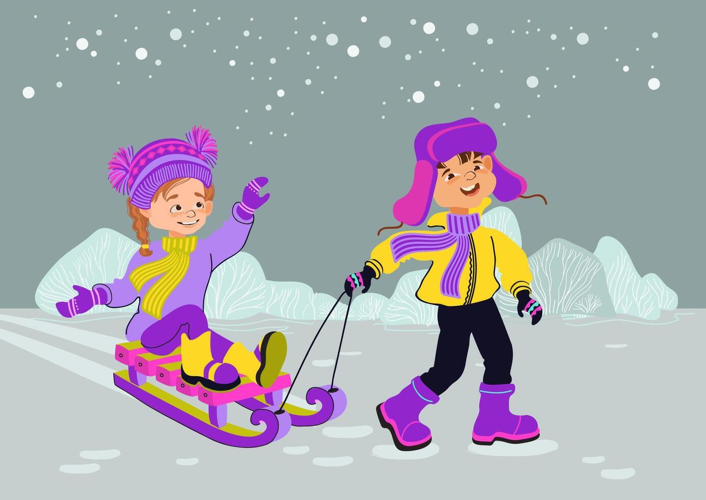 Happy children are sledding. Winter outdoor activity. Flat illustration. vector