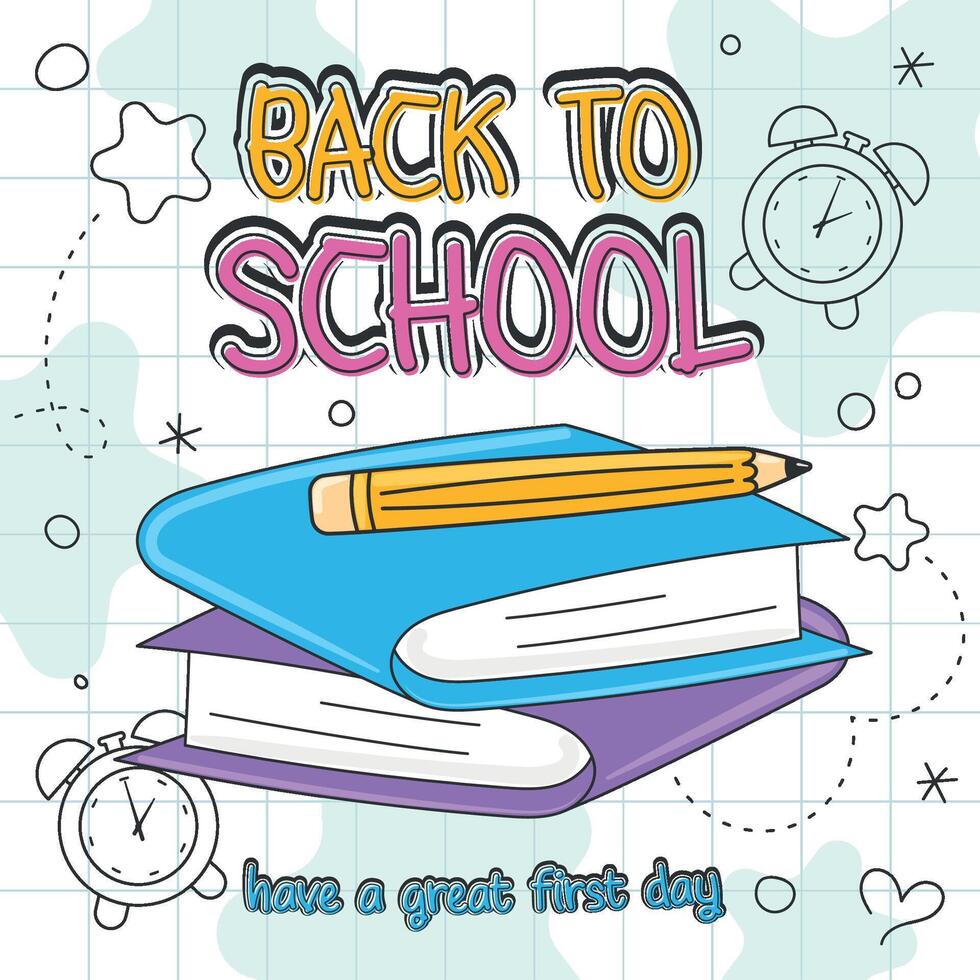 Stack of books with pencil and back to school message vector