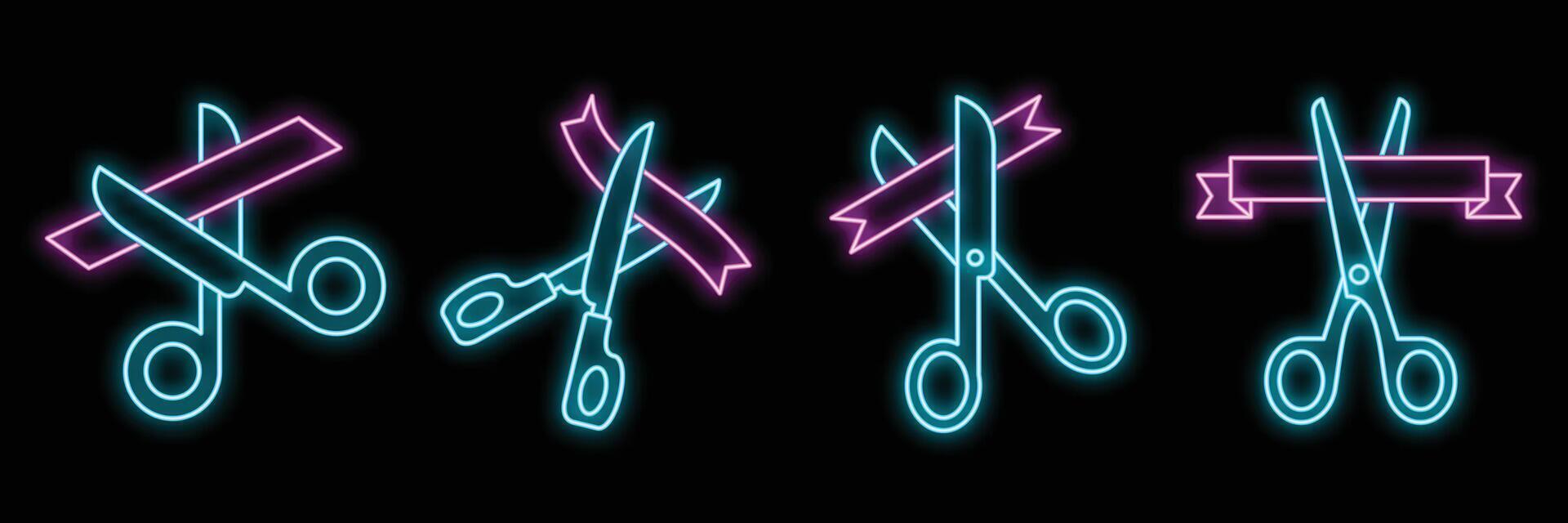 Neon scissors cutting ribbon icon set for grand opening ceremony vector