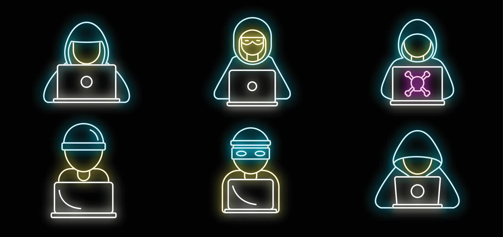 Neon hackers committing cyber crimes using laptops vector
