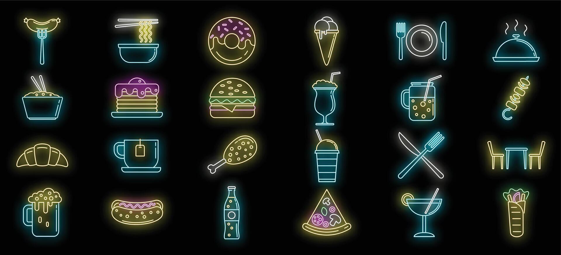 Set of colorful neon light glowing on black background food and drink icon vector