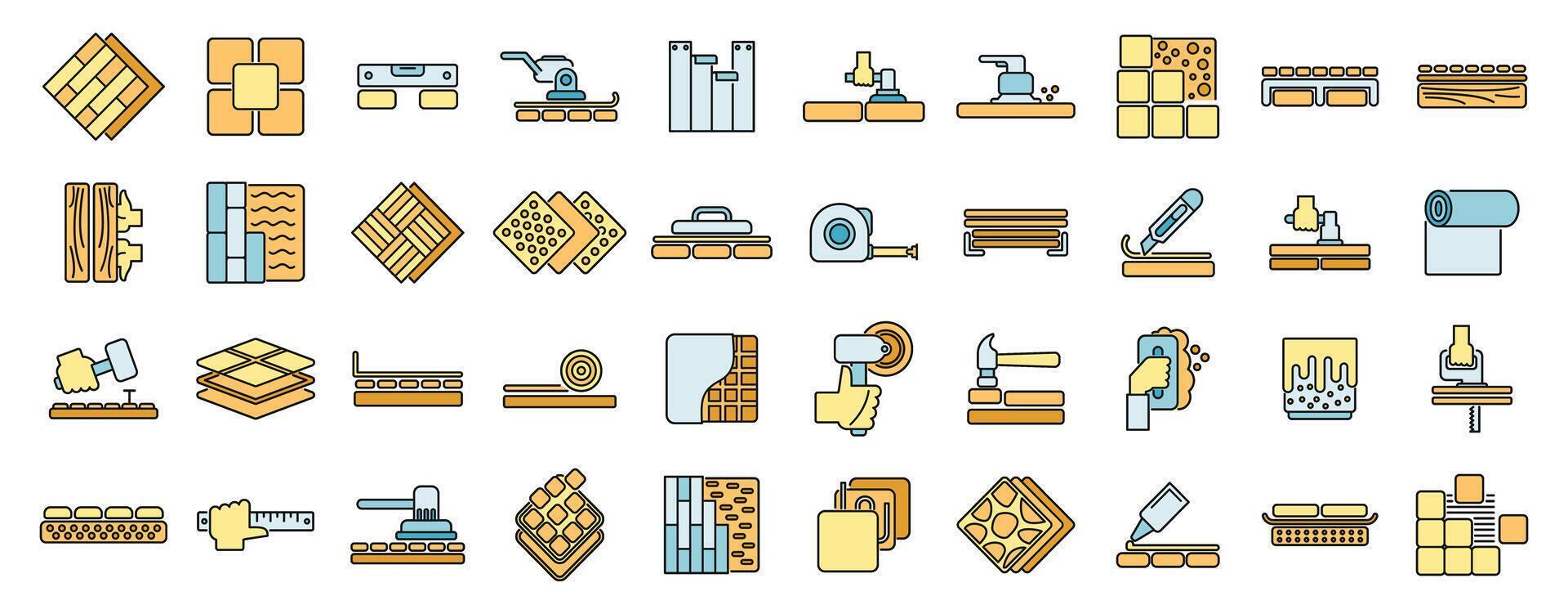 Construction workers laying tiles and wood panels icon set vector