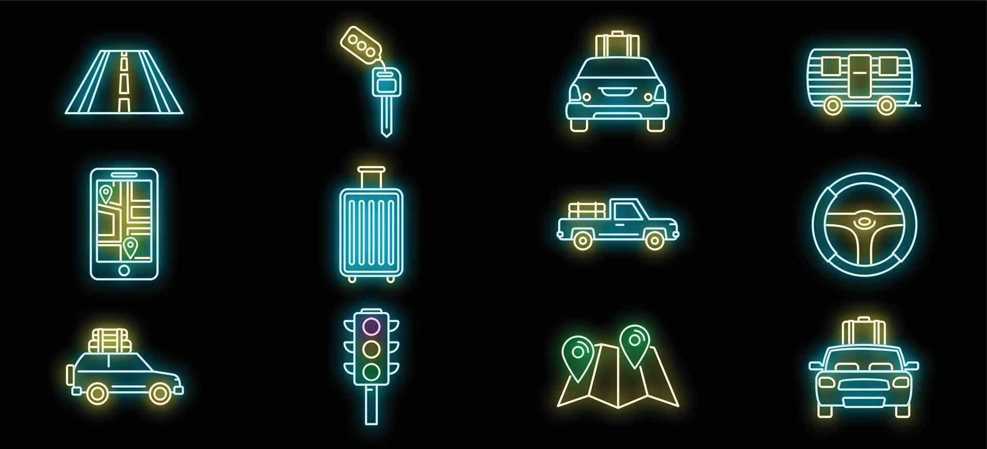 Road trip icons set showing cars and luggage in neon style vector