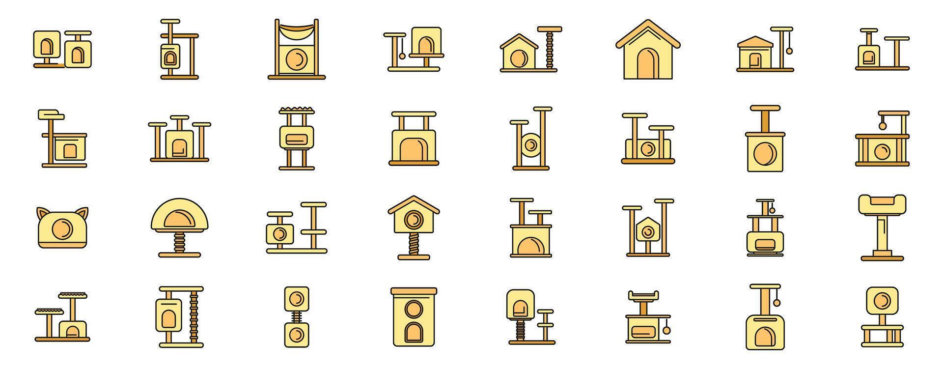 Large set of cat trees and scratching posts with hammocks and houses icons vector