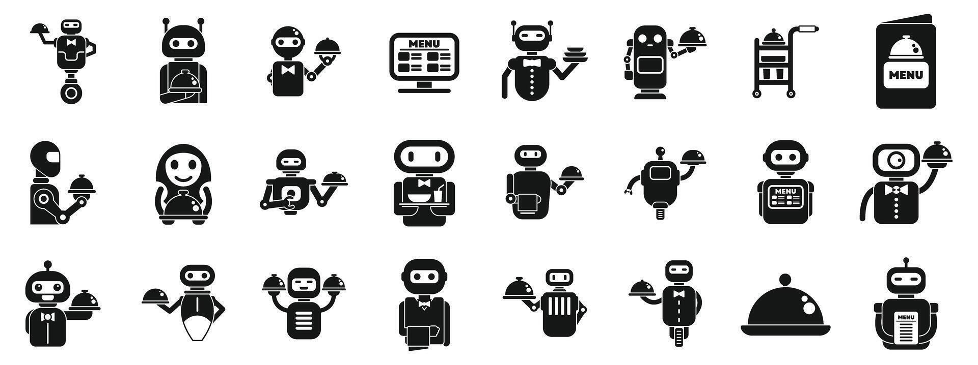 Robot waiter icons set. Robot food delivery service icons set. Simple style vector